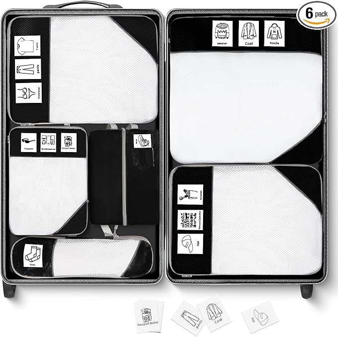 Compression Packing Cubes for Travel 6 Set Expandable Packing Organizers Durable Luggage Bags Organizers for Suitcases Travel Accessories (Black)