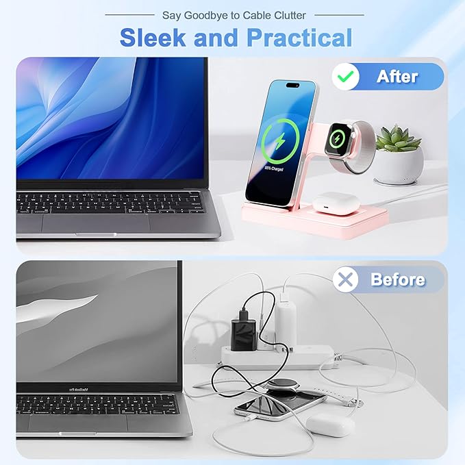 Wireless Charging Station for Apple Devices: 3 in 1 Foldable Qi Compact Case-Friendly Charger Stand for iPhone 17-12 & Apple Watch & AirPods Charging Dock for Travel Home Office Desk Nightstand (Pink)