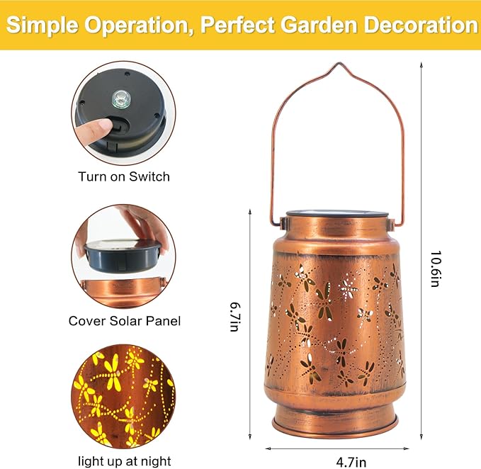 Dragonfly Birthday Gifts for Women Mom Grandma Solar Lanterns Outdoor Waterproof Garden Decor Metal Hanging LED Decorative Light for Patio Yard Lawn Backyard Front Porch Gardening Gifts