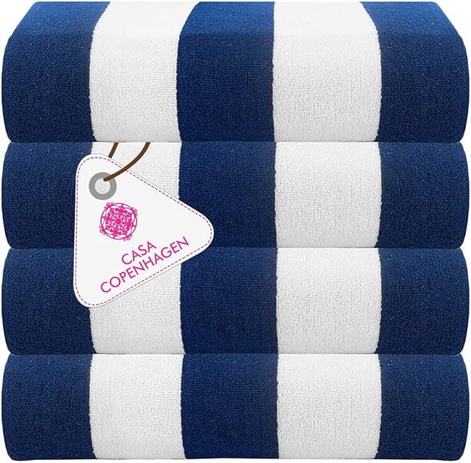 CASA COPENHAGEN Cabana Towel 4Pcs Royal Blue Designer Stripe Beach Towels Gift Set, 30"x60" Oversized 100% Cotton Pool Bath Towel for Beach Gift Set (Perfect Summer Gift Set for Women & Men)