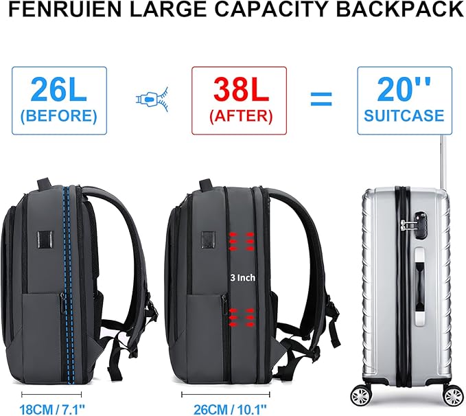 FENRUIEN Business Travel Backpack, Expandable Computer Backpack with USB Port, Gray Laptop Backpack 15.6 Inch for College/Work
