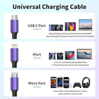USB C Multi Charging Cable (2Pack 5FT), Nylon Braided 3 in 1 Charging Cable Multiple Charger Cord with Type-C/Micro USB and IP Port, Compatible with Most Cell Phones-Purple