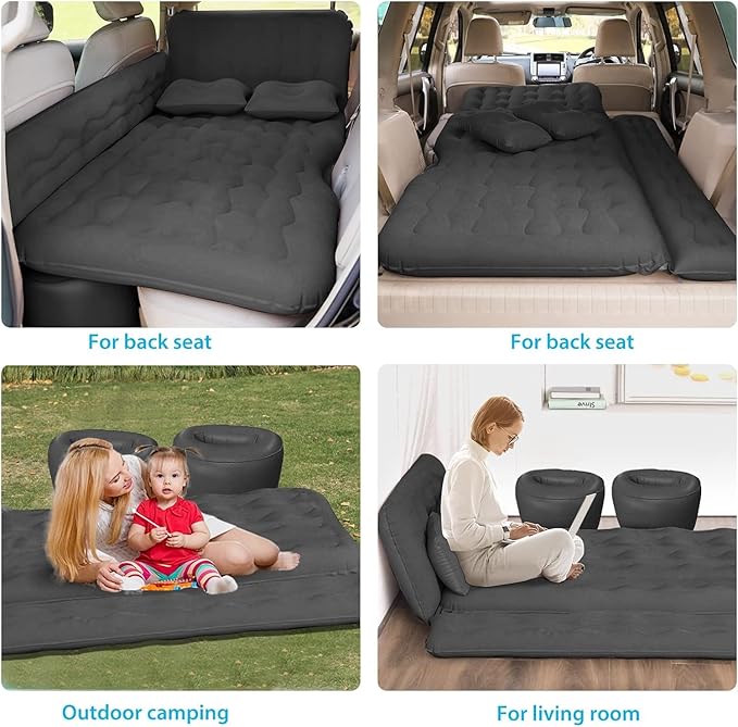 ISWEES Car Bed SUV Air Mattress, Car Air Mattress with Electric Pump, 2 Inflatable Pillows and 2 Footrests for Back Seat, Side Seat,Trunk Sleeping, Thickened Camping Bed - Black