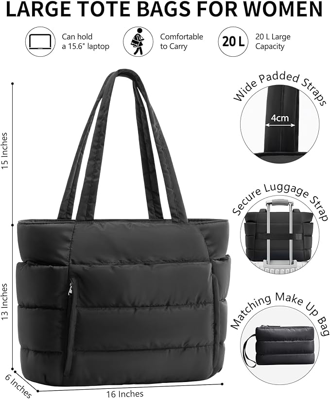 Puffer Tote Bag for Women, Lightweight Puffy Work Handbag Teacher Nurse Quilted Shoulder Bag for School Travel Gym