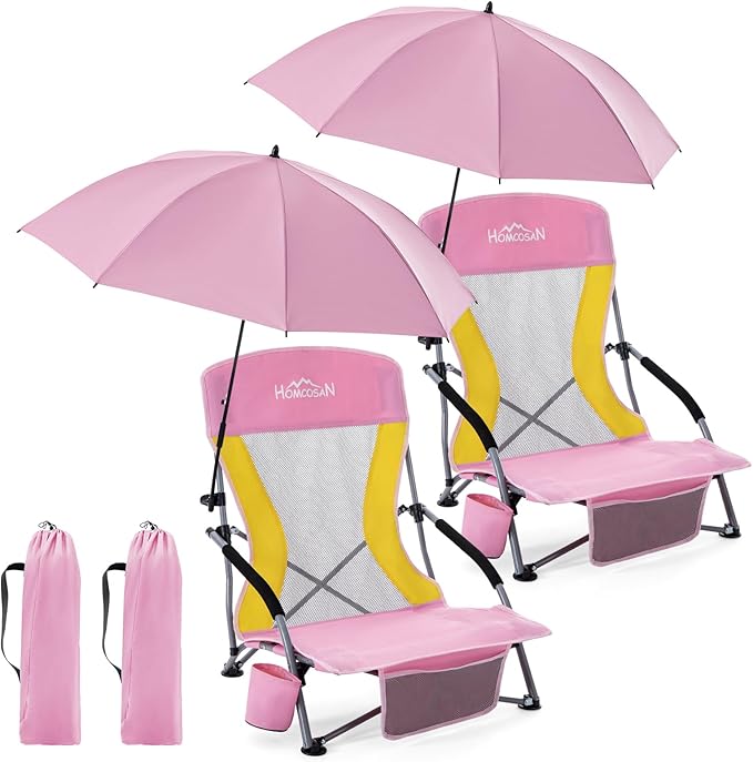 Homcosan Portable Low Folding Beach Chairs Set of 2 with Detachable Umbrellas - Lightweight Camping Chairs for Adults with Cup Holder & Storage Pockets, Carry Bag Included (Pink & Yellow)