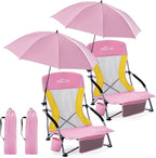 Homcosan Portable Low Folding Beach Chairs Set of 2 with Detachable Umbrellas - Lightweight Camping Chairs for Adults with Cup Holder & Storage Pockets, Carry Bag Included (Pink & Yellow)