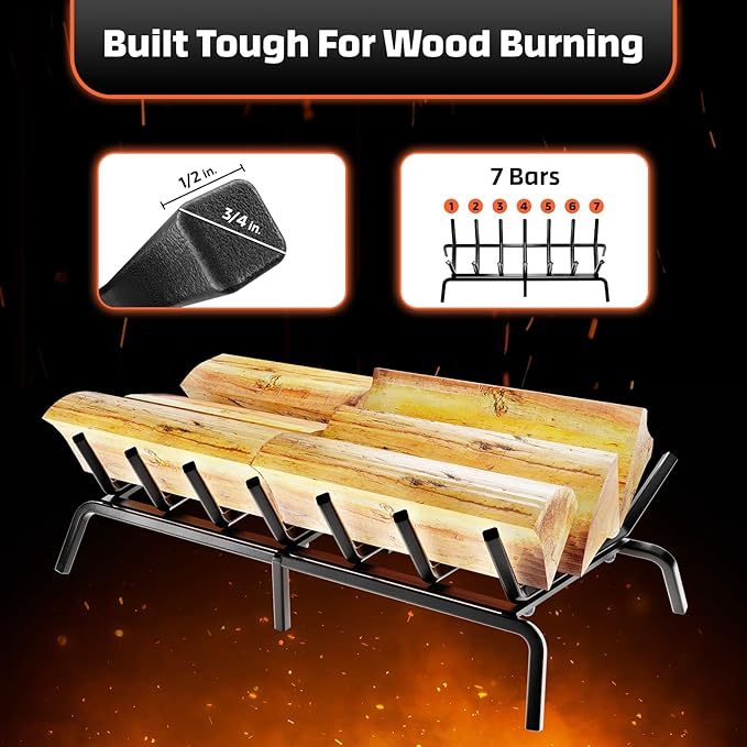 IDZO Solid Steel Fireplace Grate 30 Inch, Upgraded Fireplace Log Grate with Extra Leg for Sturdy Stand & Better Air Flow, Quick Assembly Bar Fire Grates for Indoor & Outdoor