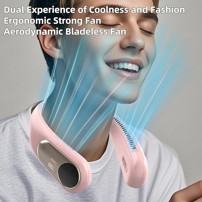Portable Neck Fan,Personal Wearable Bladeless Fan,LED Display,4-Speeds,6000mAh USB Rechargeable,360° Strong Cooling Wind,Hands Free,Long Lasting,Birthday Gifts for Men Women Dad Mom (Pink)