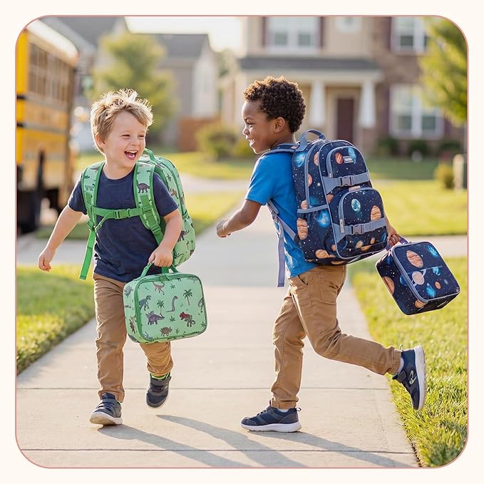 mommore Kids Backpack for Boys 4-8 with Lunch Box Elementary Kindergarten Preschool School Backpack 15'' Fit Folders Bottles, Green Dinosaur
