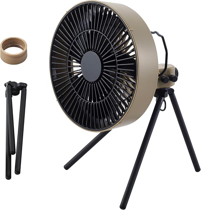 ELECOM NESTOUT Outdoor Camping Fan with Tripod, 4 Speed Settings & Breeze Mode, 3 Angle Oscillation, 90° Adjustable Tilt, Auto Timer (30/60/90 mins), USB C Compatible, Portable Tent Fan (Beige)