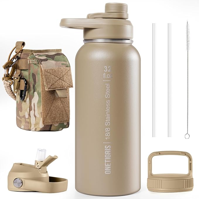 ONETIGRIS 32 oz Insulated Water Bottle with Straw - Tactical Stainless Steel Water Jug, Leakproof Wide Mouth Sport bottle with 3 Lids and Sleeve for Travel, Gym, Camping, Hiking