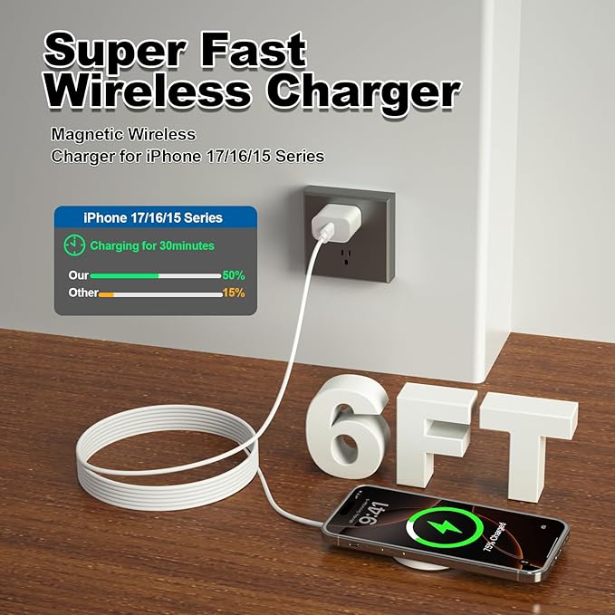 [Apple MFi Certified] Magnetic Wireless Charger Apple MagSafe Charger 6FT Fast Wireless Charging Pad 15W Magnetic Charger for iPhone 17 16 15 14 13 12 11 Pro Max Plus/AirPods 2 3 4 Pro 2 3 [2 Pack]
