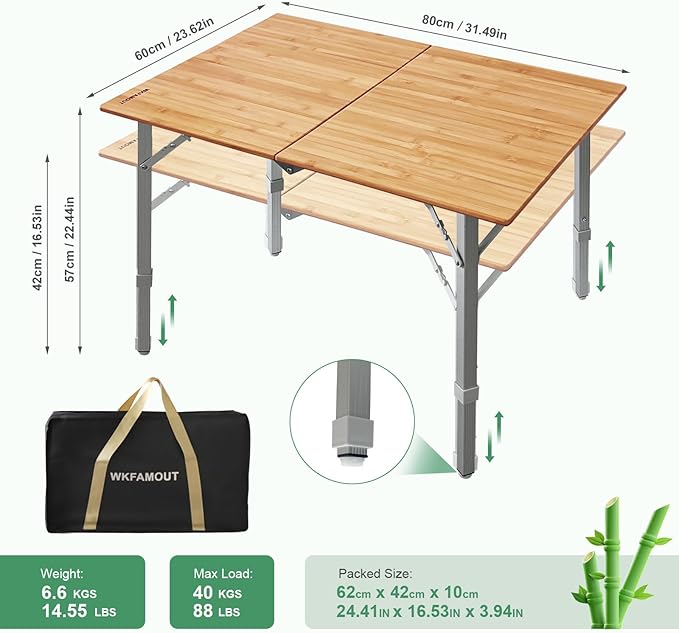 Bamboo Folding Camping Table 2-Folds with Adjustable Aluminum Legs Portable Picnic Table with Carry Bag for Outdoor Hiking Beach 2-4 Person