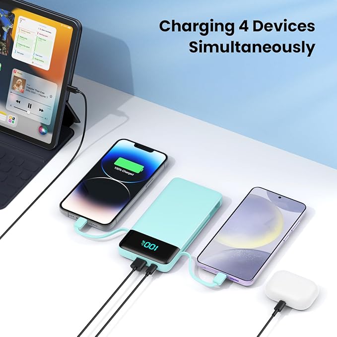 FOCHEW Portable Charger Built-in Cables and Wall Plug,13800mAh Fast Charging USB C Power Bank,4 Outputs Travel Essential Battery Pack for iPhone 17/16/15/14/13,Galaxy,Android -Green