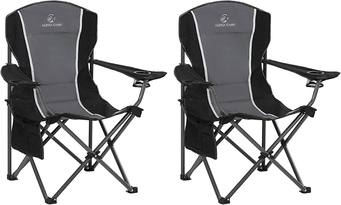 LET'S CAMP Oversized Outdoor Folding Camping Chair, 2 Pack Heavy Duty Arm Chairs with Cup Holder and Storage Bag, 350 LBS Weight Capacity, Grey
