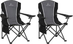 LET'S CAMP Oversized Outdoor Folding Camping Chair, 2 Pack Heavy Duty Arm Chairs with Cup Holder and Storage Bag, 350 LBS Weight Capacity, Grey