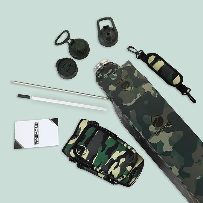 40 Oz Water Bottle with Strap Stainless Steel Sports Water Bottle with 3 Lids (Straw, Chug and Flip Lid) Insulated Leak Proof Metal Jug for Men & Women - Camo