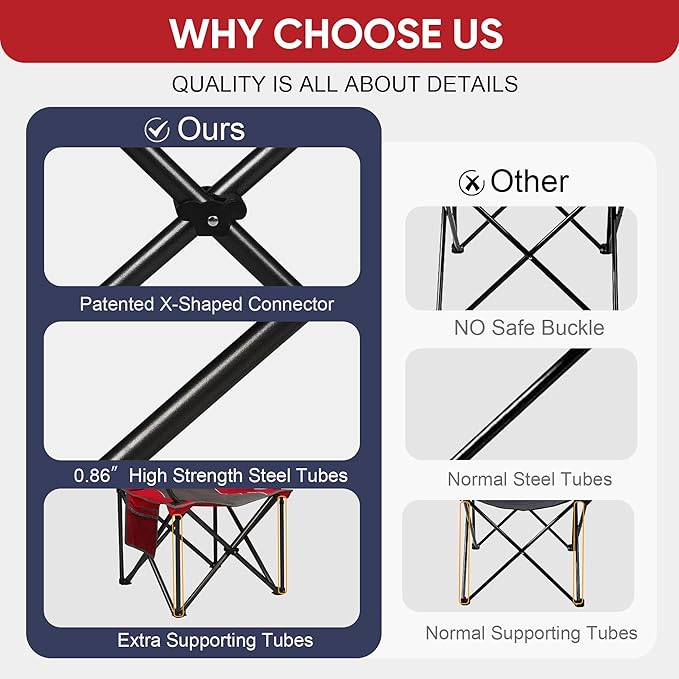 Colorsoul Oversized Folding Camping Chair, Outdoor Padded Camping Chair Support 300 LBS with Cup Holder and Cooler Bag, Portable Lawn Chair for Beach Picnic Sports, (Red)