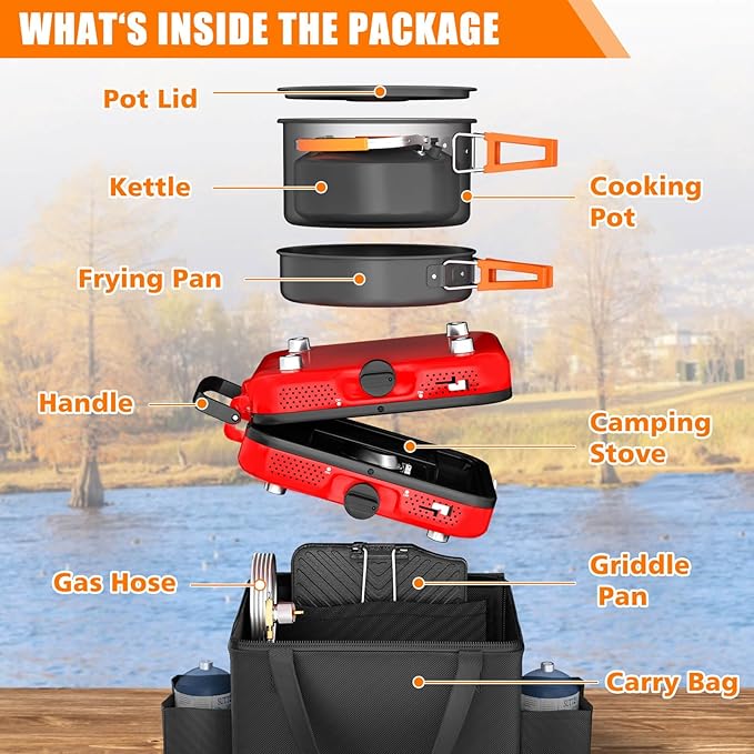 Portable 2 Burner Camping Stove Set with Cookware, 20,000 BTU/h, Outdoor Cooking Kit Includes Outdoor Folding Gas Stove, Frying Pan, Griddle, Kettle, Pot, and Carry Bag, For Propane & Butane