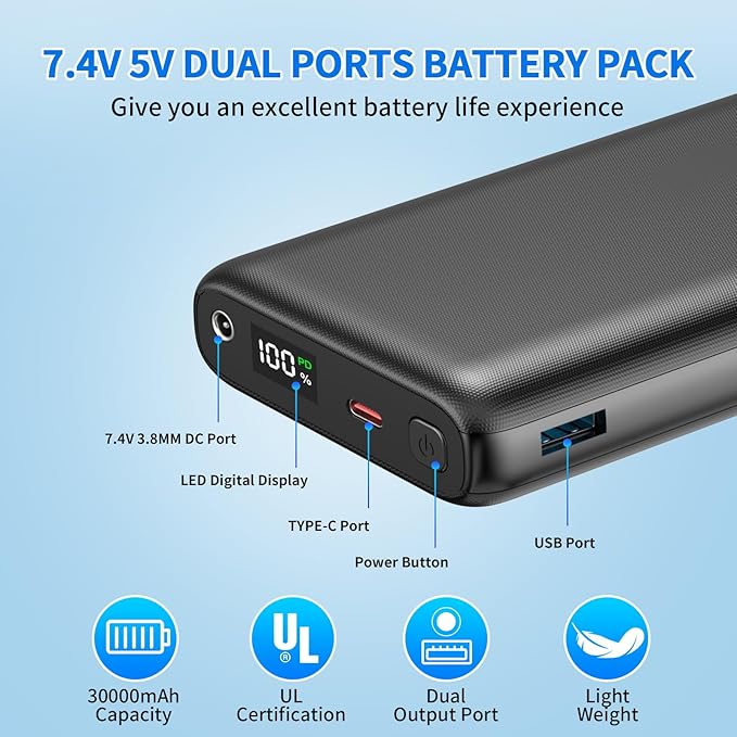 30000mAh Heated Vest Battery Pack 7.4V Heating Vest Battery Bank Power Bank with LED Display DC/USB//Type-C 5V/9V/12V Portable Chargers for Heated Jacket Coat Vest and Warming Clothing for Men