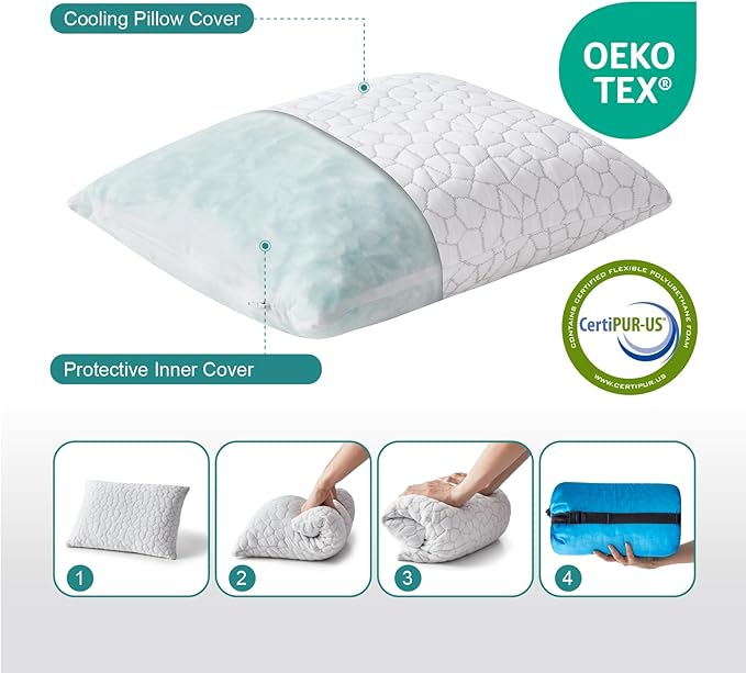 Travel Pillow Camping Pillow Small CoolingShredded Memory Foam Pillow, Compressible Medium Firm, Breathable Cover, Ideal Backpacking Hiking, Airplane and Car
