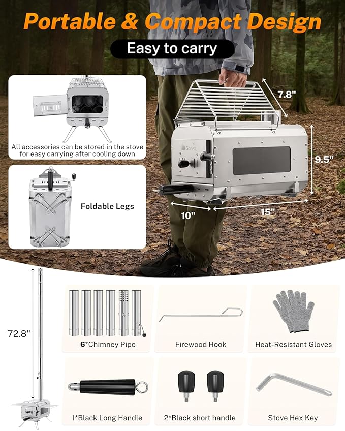 Gonex Hot Tent Stove, Portable Wood Burning Camping Stove with Ash Drawer & Large Firebox for Tent, Outdoor, Heating, Cooking, Ice Fishing