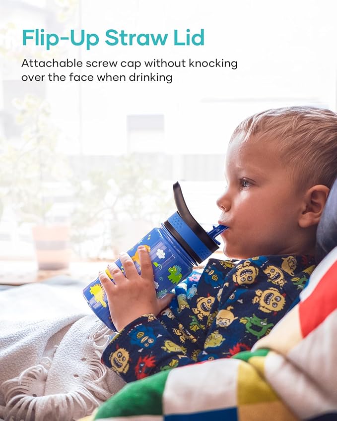 2 Pack Insulated Kids Water Bottle, BUZIO 14oz Stainless Steel Water Bottles with Tritan Straw Lid, BPA-FREE Lead-Free Double Wall Leak Proof Drink Cups Flask for School (Blue Car +Blue Dinosaur)