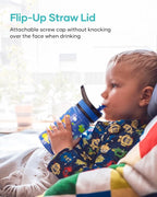 2 Pack Insulated Kids Water Bottle, BUZIO 14oz Stainless Steel Water Bottles with Tritan Straw Lid, BPA-FREE Lead-Free Double Wall Leak Proof Drink Cups Flask for School (Blue Car +Blue Dinosaur)