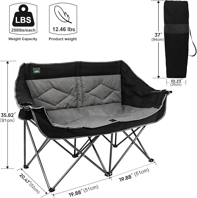 Northroad Folding Loveseat Camping Chair Portable Double Duo Full Padded Garden Sofa Chair for 2 Person w/ 2 Cup Holder,Wine Glass Holder,Support 600lbs for Outdoor Travel (Black)