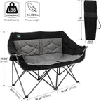 Northroad Folding Loveseat Camping Chair Portable Double Duo Full Padded Garden Sofa Chair for 2 Person w/ 2 Cup Holder,Wine Glass Holder,Support 600lbs for Outdoor Travel (Black)
