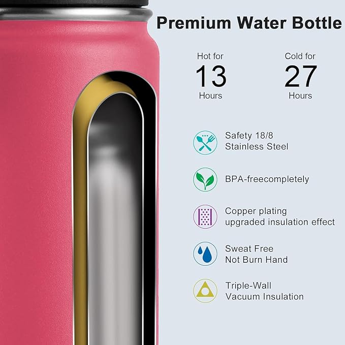 koodee Insulated Water Bottle, 18oz Stainless Steel Double Wall Vacuum Wide Mouth Sport Bottle with Leakproof Spout Lid (Pink Red)