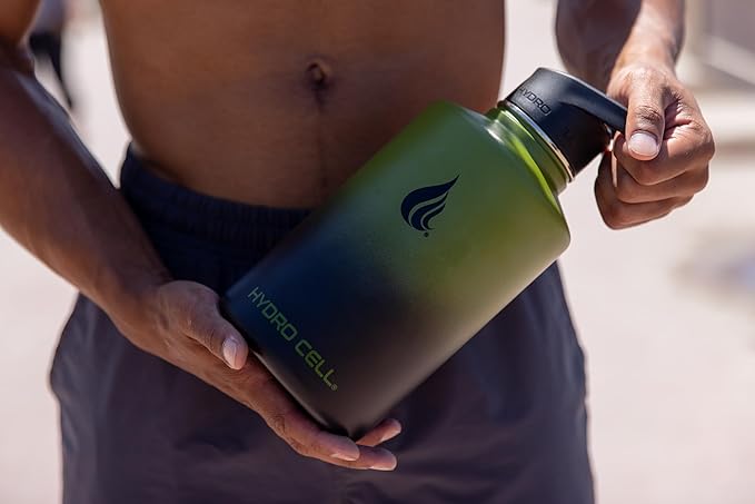 HYDRO CELL Stainless Steel Insulated Water Bottle with Straw - For Cold & Hot Drinks - Metal Vacuum Flask with Screw Cap and Modern Leakproof Sport Thermos for Adults (Army/Black 64oz)