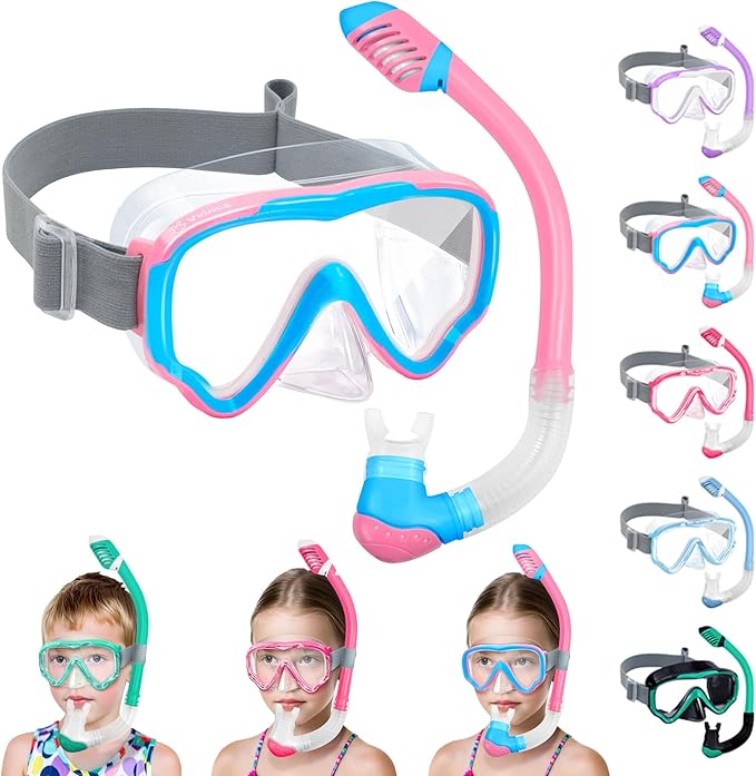 Vvinca Snorkeling Gear for Kids Dry Top Kids Snorkel Set for Boys Girls Junior Youth Children Age 4-14 Swim Goggles with Nose Cover Anti-Fog Panoramic View Adjustable Elastic Diving Mask and Snorkel