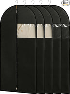 Garment Bags for Hanging Clothes, 50'' Long Dress Bags for Closet Storage, Black Garment Covers with Clear Window for Suits, Coats, Jackets（5 Packs）