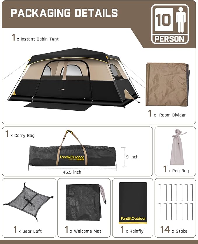 FanttikOutdoor Camping Tent 4/6/8/10 Person Instant Cabin Tent Setup in 60 Seconds with Rainfly & Windproof Portable with Carry Bag for Family Camping & Hiking
