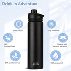 HASLE OUTFITTERS Insulated Water Bottle 22 oz Double Wall Stainless Steel Water Bottle Wide Mouth with Straw Lid & Spout Lid Keeps Cold or Hot(Black,1)