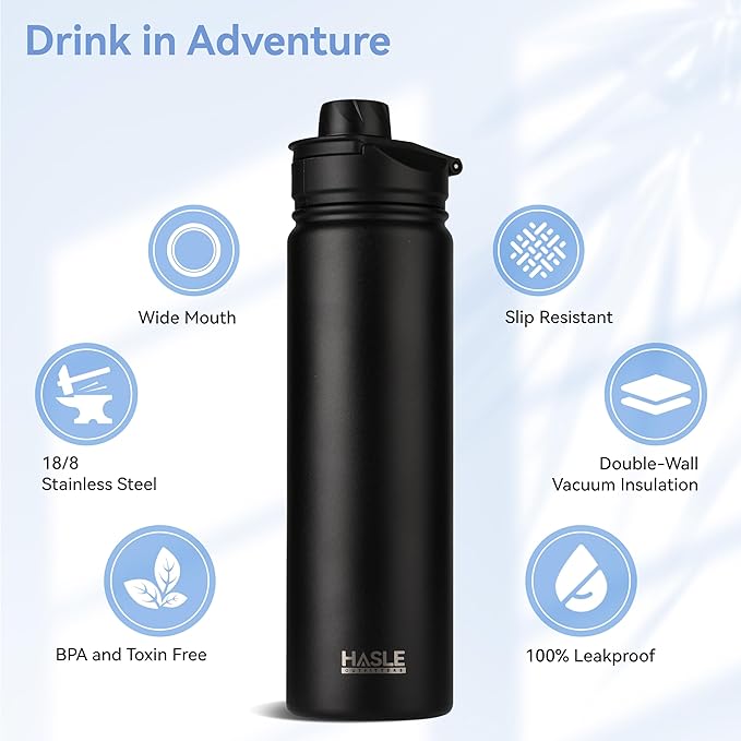 HASLE OUTFITTERS Insulated Water Bottle 22 oz Double Wall Stainless Steel Water Bottle Wide Mouth with Straw Lid & Spout Lid Keeps Cold or Hot(Black,4)