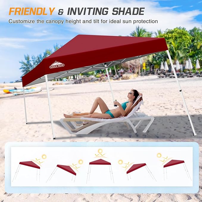 EAGLE PEAK 10x10 Slant Leg Pop-up Canopy Tent Easy One Person Setup Instant Outdoor Beach Canopy Folding Portable Sports Shelter 10x10 Base 8x8 Top (Burgundy)