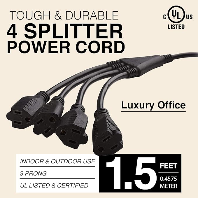 4 Way Power Splitter - 1 to 4 Extension Cord Splitter, 1.5' Short Extension Cord UL Listed, Outlet Splitter 3 Prong, Power Strip Outlet Plug, Y Style Extension Cord Black, SJT 16 AWG Luxury Office (3)
