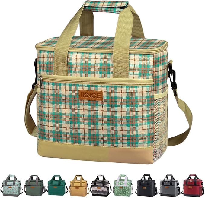 Iknoe Large Cooler Bag Collapsible 24 Can, Insulated Bags Leakproof Lunch Cooler Tote with Multi-Pockets for Adult, Insulated Lunch Box for Beach, Picnic, Work Khaki Lattice