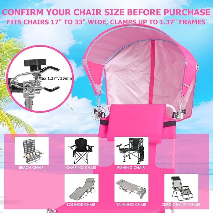 Universal Chair Umbrella Canopy, UPF 50+ Sun Shade with Adjustable Clamp, Fits Most Brands’ Beach, Camping, Lawn, Tanning, Zero Gravity, Lounge & Fishing Chairs, Patent Design