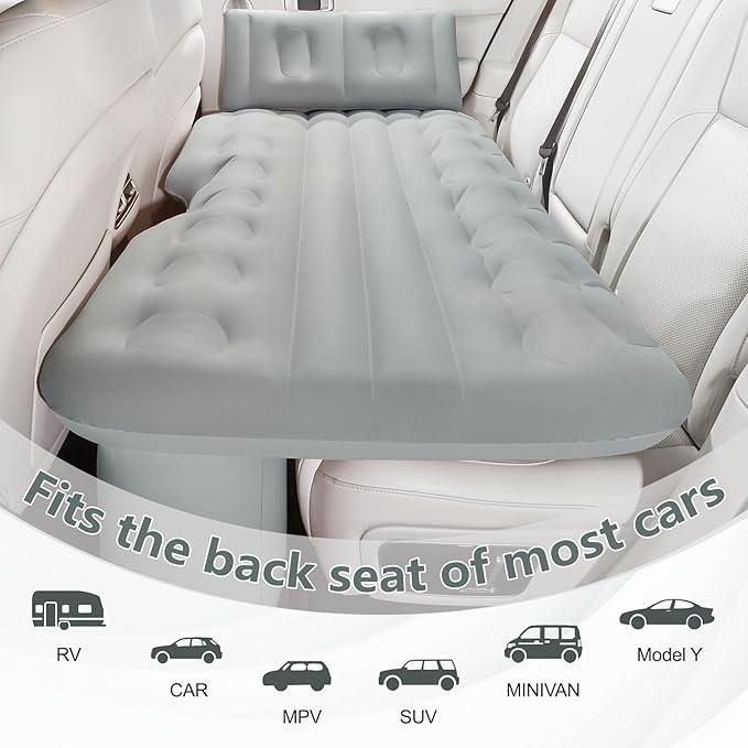 BEBAS Self-Inflating SUV Air Mattress Car Back Seat Bed, PVC Flocked Surface Car Air Couch Cushion Built-in Charging Pump for Rapid Inflation and Deflation. Gray