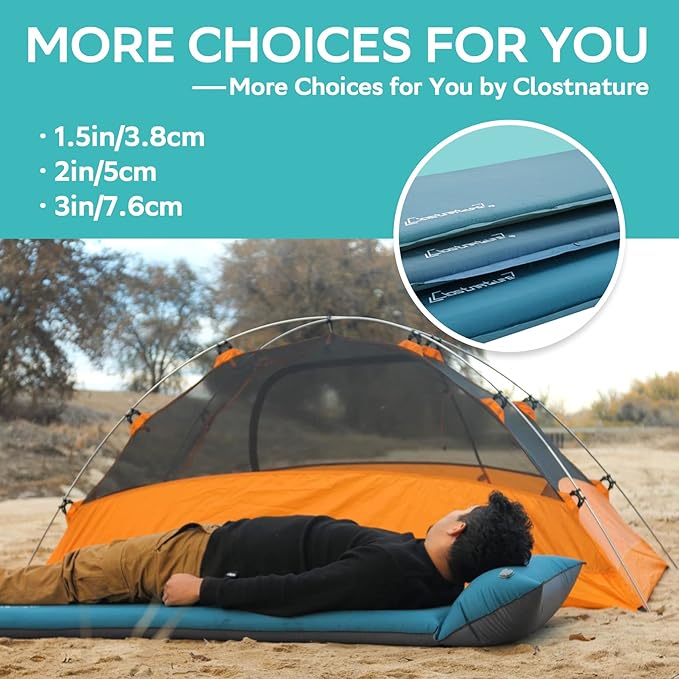 Clostnature Self Inflating Sleeping Pad for Camping - 1.5/2/3 inch Camping Pad, Lightweight Inflatable Camping Mattress Pad, Insulated Foam Sleeping Mat for Backpacking, Tent, Hammock