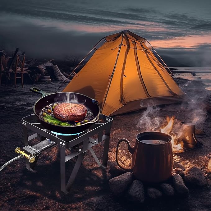 Vivicreate 185000 BTU High Pressure Propane Burner Outdoor Gas Stove Single Burner Cooktop for Turkey Fryer Seafood Boil Brewing BBQ Camping Stove Estufa de Gas Portátil Fogón de Gas 2 valve