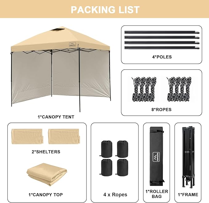 KAMPKEEPER 10x10 Easy Pop Up Canopy Tent with 2 Sidewalls, Instant Outdoor Shade Shelter with 2 PCS Removable 10FT Sun Walls, Quick Setup Waterproof and UV-Resistant for Patio, Camping, Backyard