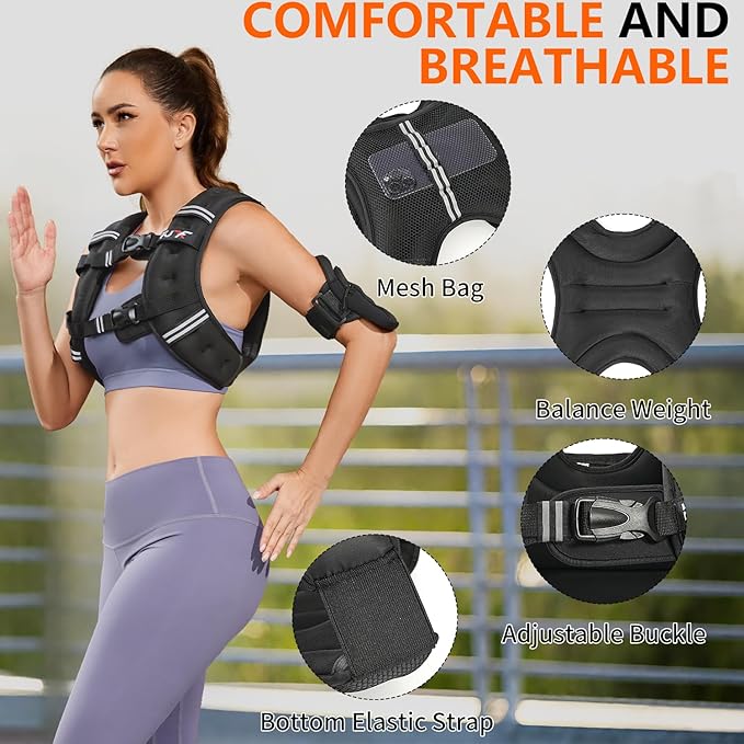 FUFF Weighted vest woman - 5lb/10lb/12lb/15lb/20lb/25lb/30lb Weights with Reflective Stripe, Weighted Vest for Men Women Strength Training Running Walking Jogging