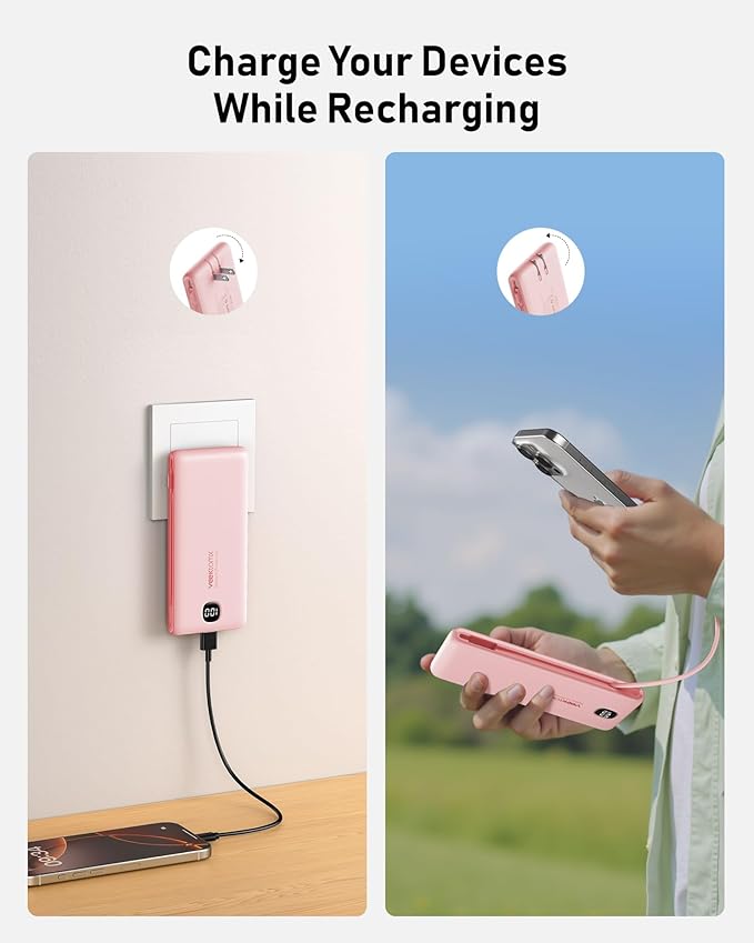 Portable Charger Power Bank Built in Cables and Wall Plug, 10000mAh iPhone Battery Pack Fast Charging, USB C External Slim Power Bank, Travel Essentials Compatible with iPhone 16 15 14 13 iPad, Pink