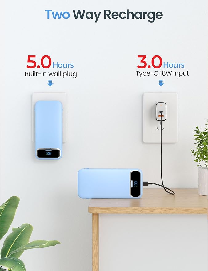 12000mAh Lightweight-Portable-Charger-Power-Bank with Built-in Cables and AC Wall Plug, PD20W USB-C Fast Charging Battery Pack, LED Display External Travel Phone Charger for All iPhone,Samsung,Android