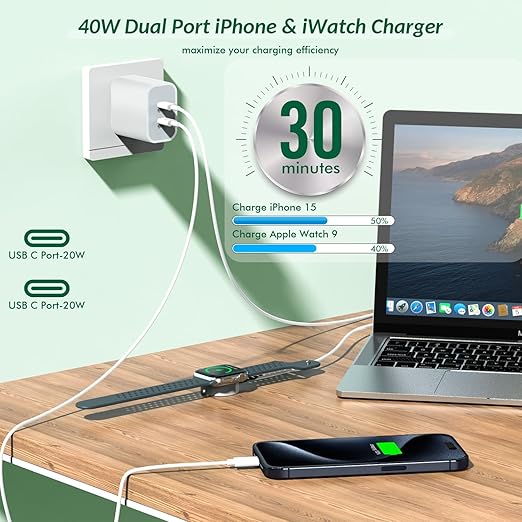 Super Fast Charger for Apple Watch & iPhone, 40W Dual USB C Port Fast Charger Adapter with 6 FT Long Apple iWatch Cable, 6 FT USB C to C Cord Compatible with Apple Watch Series 9/8/7/SE/6/5, iPhone 15
