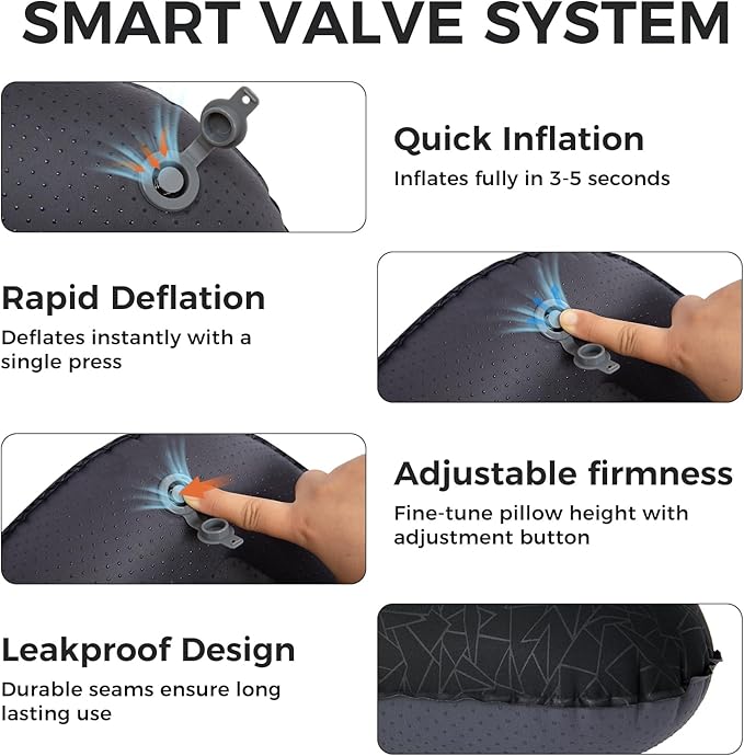 ATEPA Inflatable Camping Pillow, Ultralight Waterproof Travel Pillow with Ergonomic Support & Leak-Proof Air Valve, Compact Portable Pillow for Hiking Backpacking Tent Airplane Beach, Black